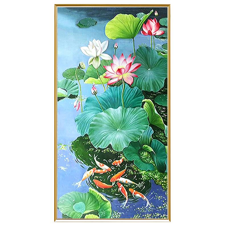 纯手绘油画荷花九鱼图玄关装饰画新中式入户进门壁画走廊过道挂画