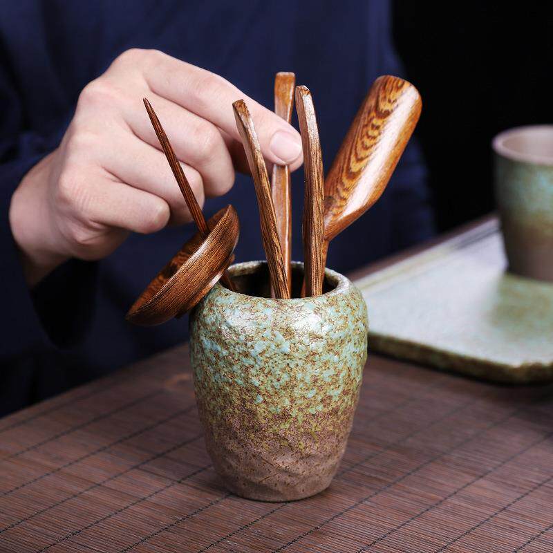 茶道六君子现代简约复古陶瓷鸡翅木实木茶艺组合杯叉套装茶具配件
