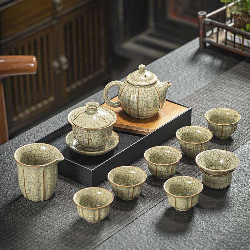 10头整套开片花瓣汝窑陶瓷茶具大套装办公室会客轻奢泡茶陶瓷茶壶
