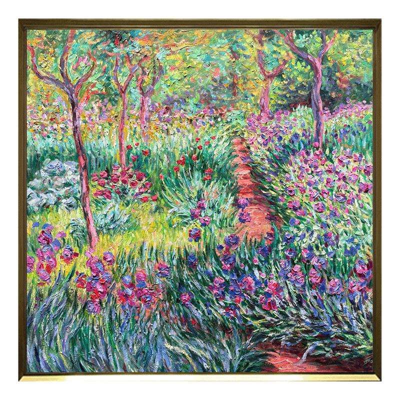 莫奈名画 吉维尼花园的鸢尾花 潘斌高端手绘油画美式餐厅风景挂画
