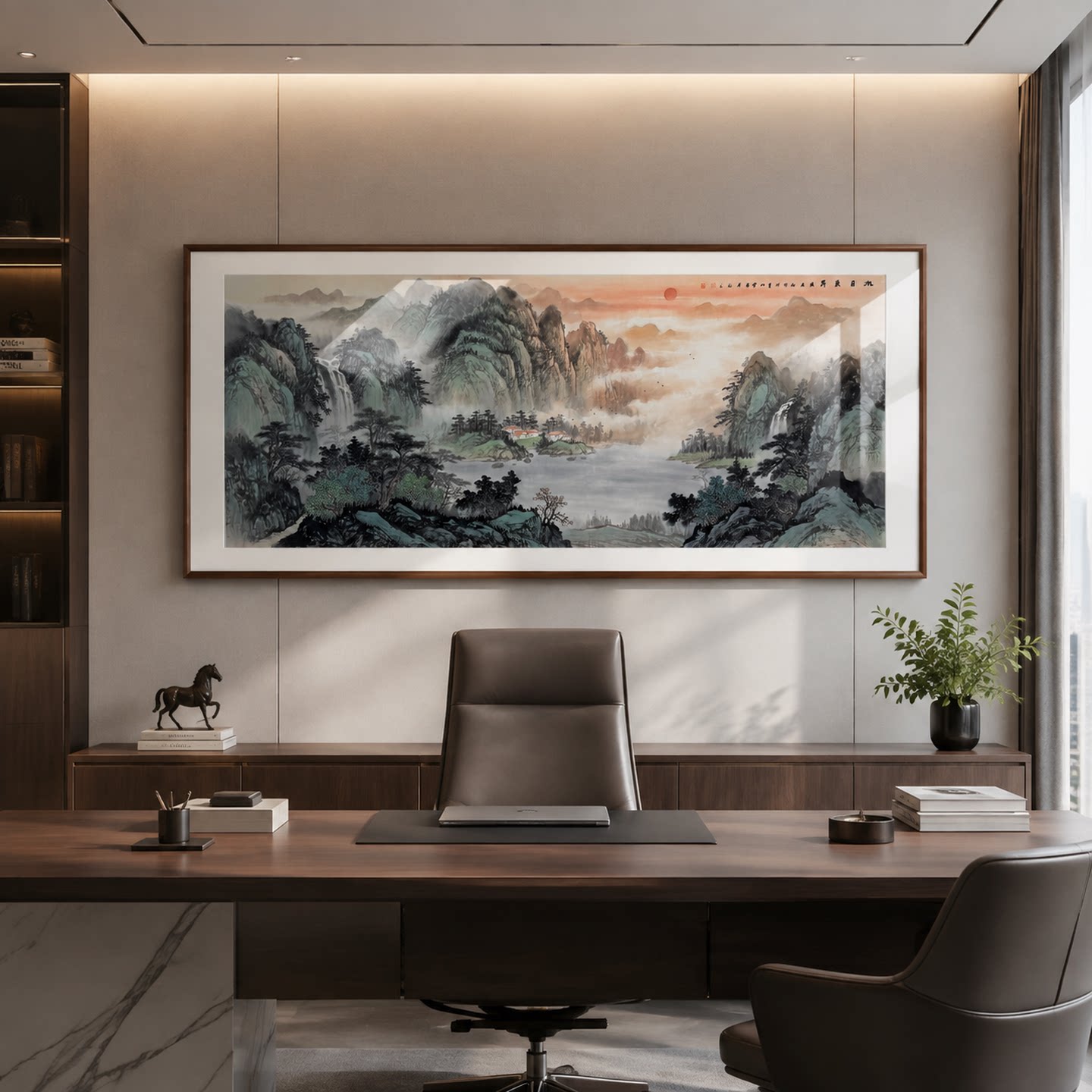 旭日东升手绘新中式客厅山水画