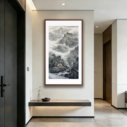 手绘新中式山水玄关餐厅挂画