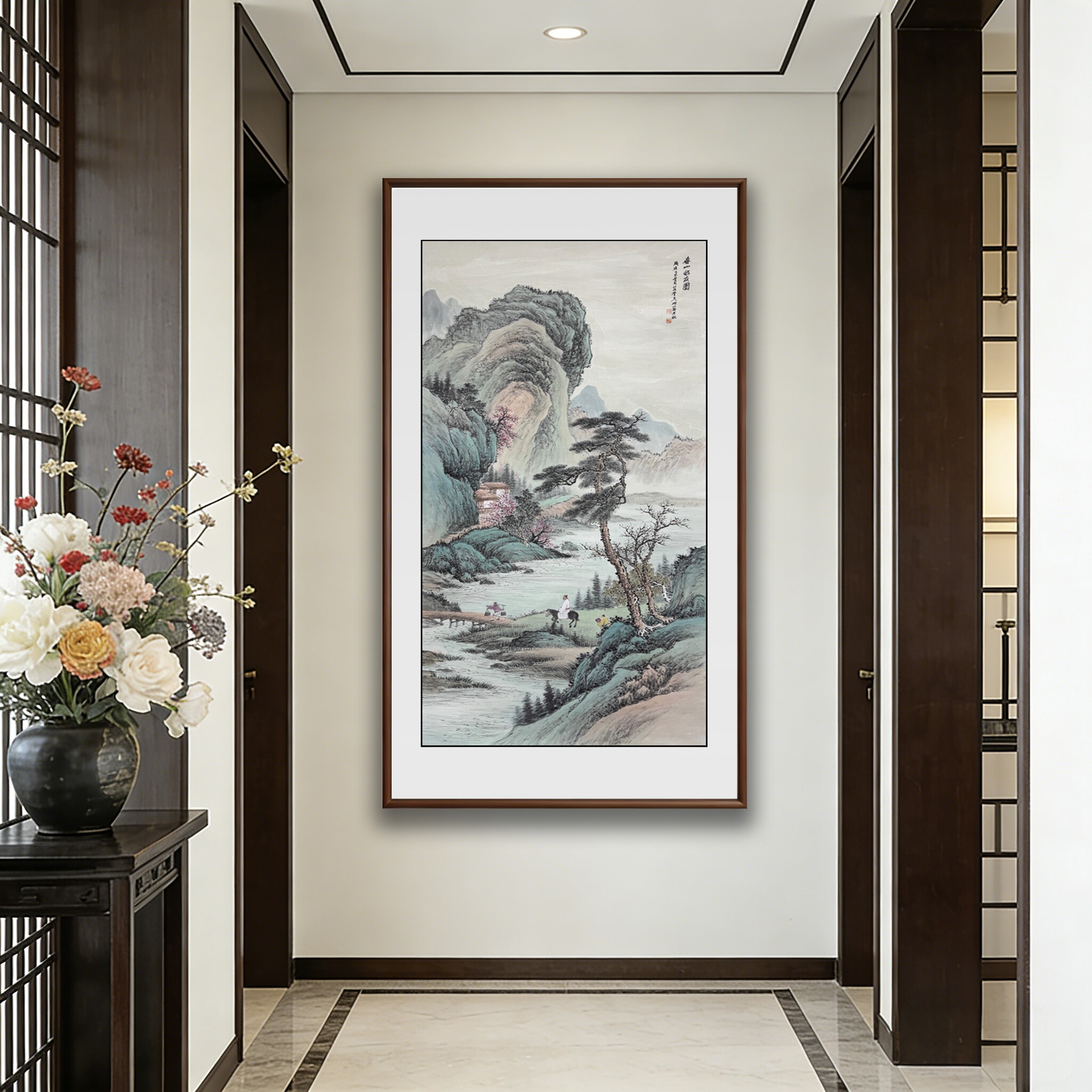 《春山访友》新中式山水画客厅玄关装饰画走廊过道挂画水墨国画