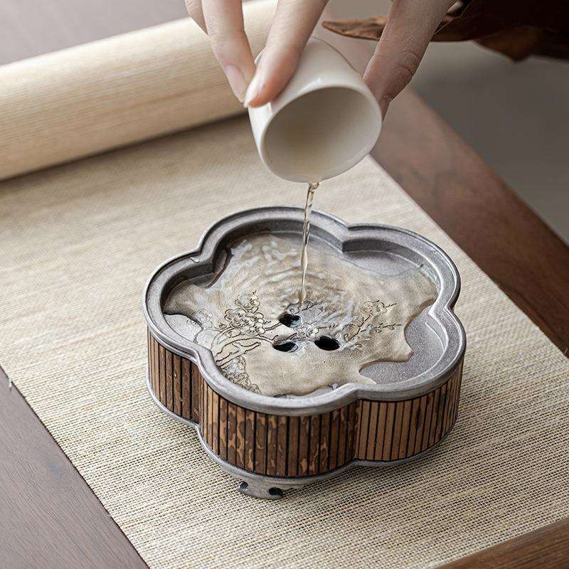 弥言纯锡手工壶承湘妃竹干泡台家用小型茶盘日式茶台茶道配件养壶