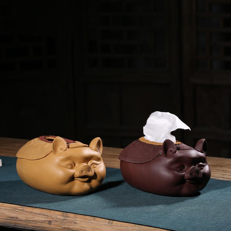 宜兴创意茶宠摆件 福猪创意紫砂工艺品抽纸盒家居摆件纸巾盒