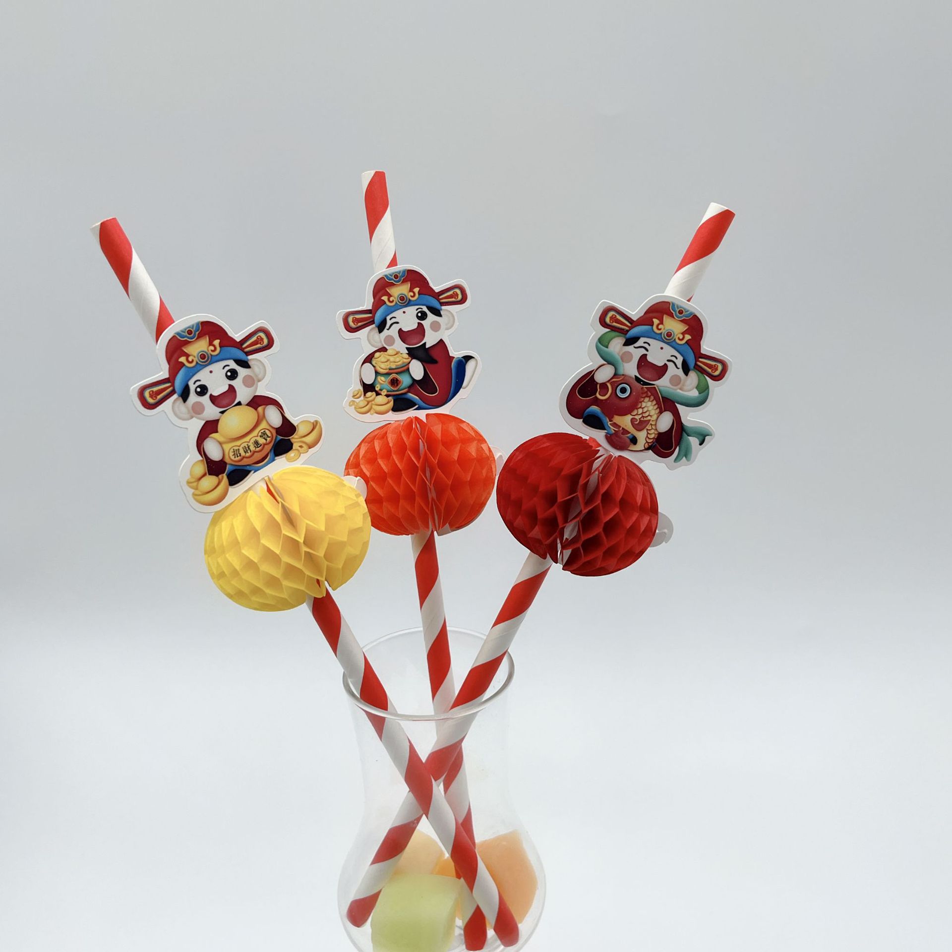 财神爷发财蜂窝纸吸管鸡尾酒装饰