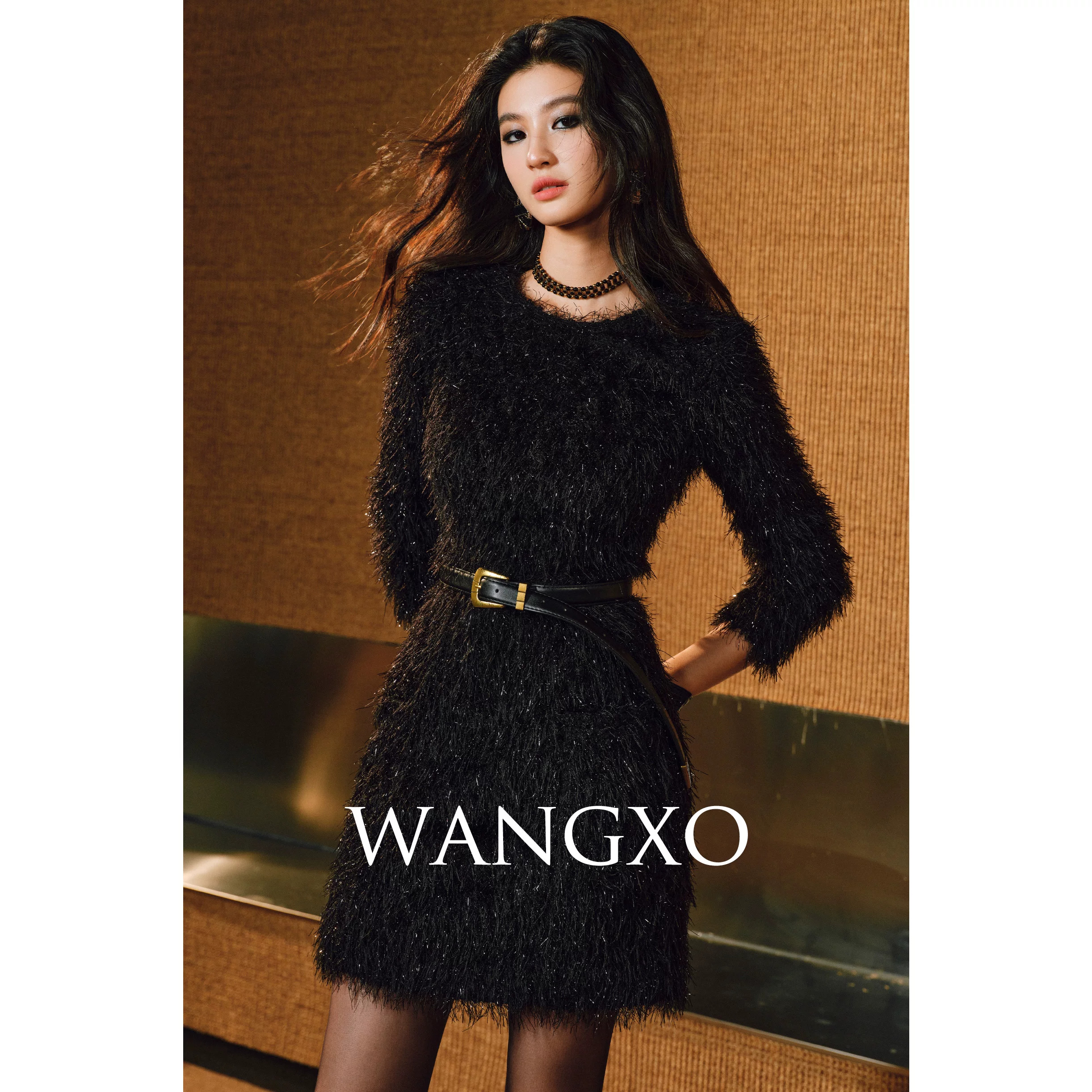 WANGXO｜绝美钻闪垂感流苏编织｜附皮带圆领收腰气质短款连衣裙