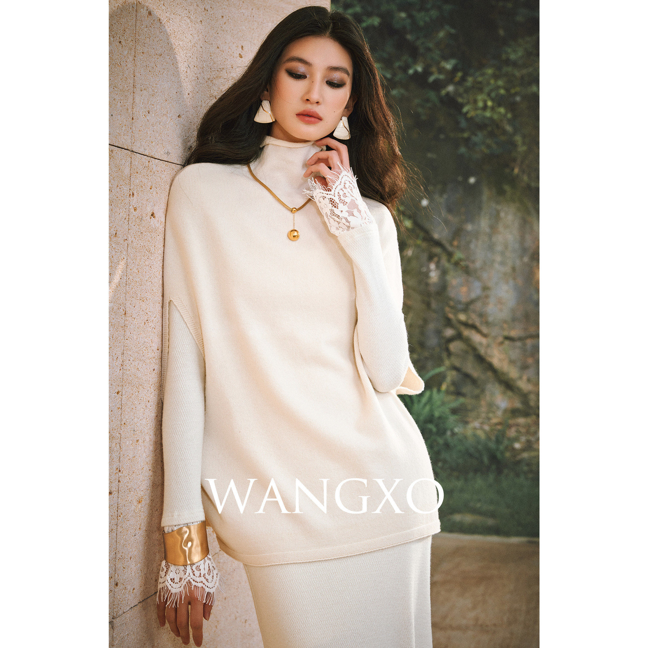 WANGXO|高支羊毛奢光亮丝|卷边高领斗篷披肩优雅宽松针织上衣