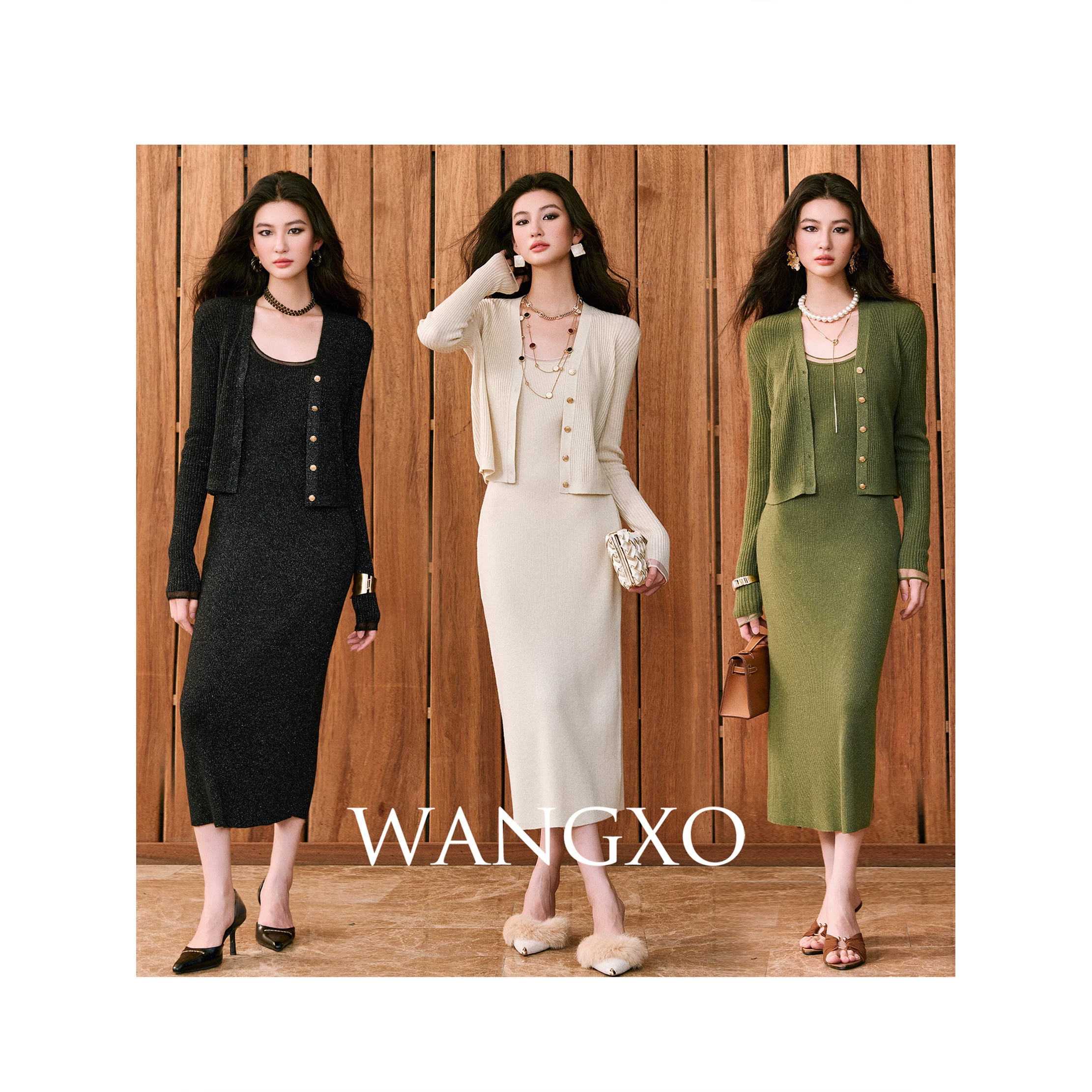 WANGXO|羊毛金丝亮片欧根纱包边|针织外套&背心长裙气质套装