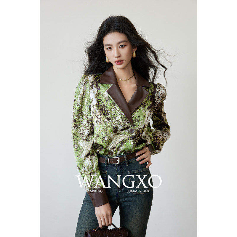 WANGXO翻驳领双排扣拼皮长袖衬衫
