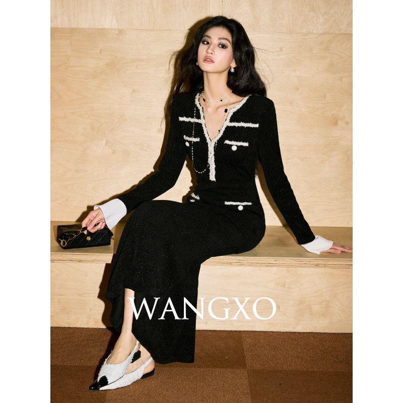 WANGXO｜重磅银丝贝贝格圈圈肌理｜定制织带小香风收腰鱼尾连衣裙