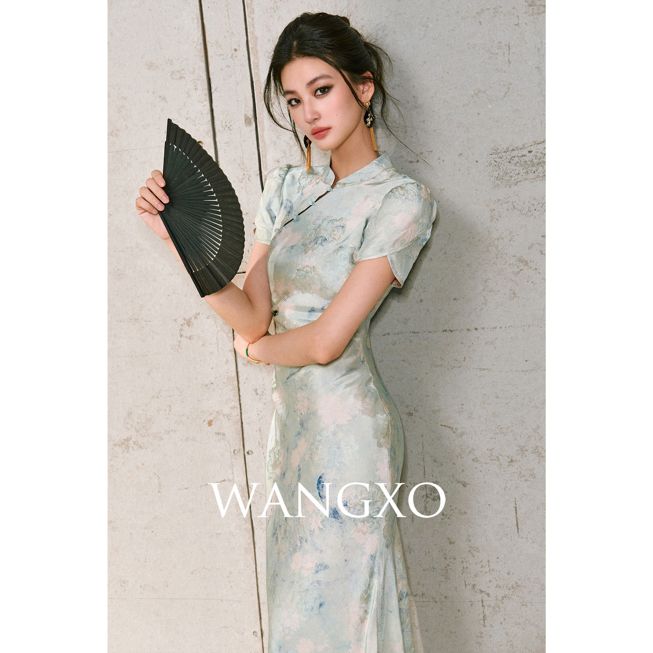 WANGXO｜空气人丝牡丹提花水墨印花｜琉璃扣鱼尾摆旗袍式连衣裙