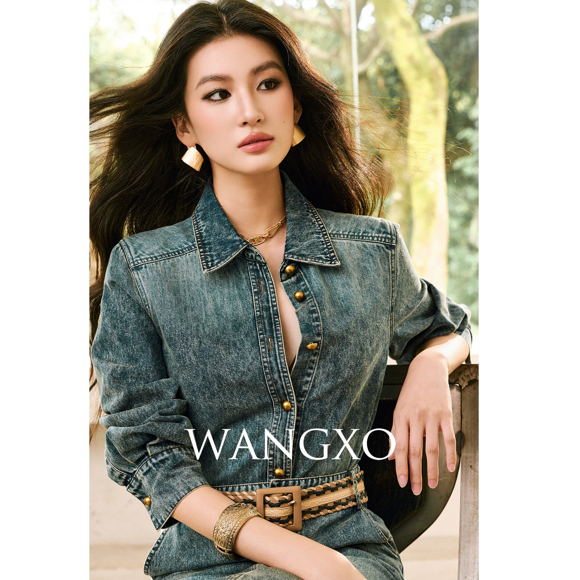 WANGXO|有机棉酵洗石墨工艺|牛仔衬衫&直筒长裙套装