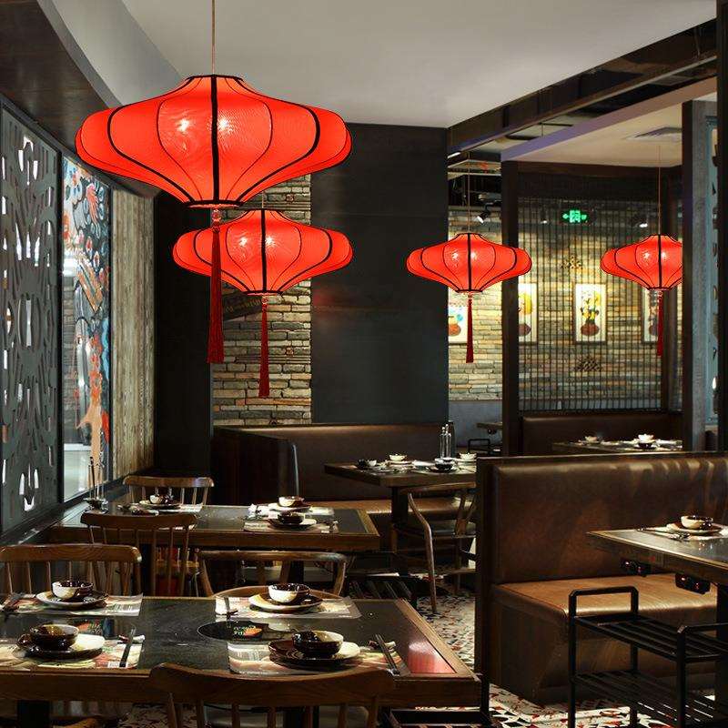 新中式布艺灯罩火锅店餐厅灯中国风仿古红灯笼饭店茶楼卧室吊灯