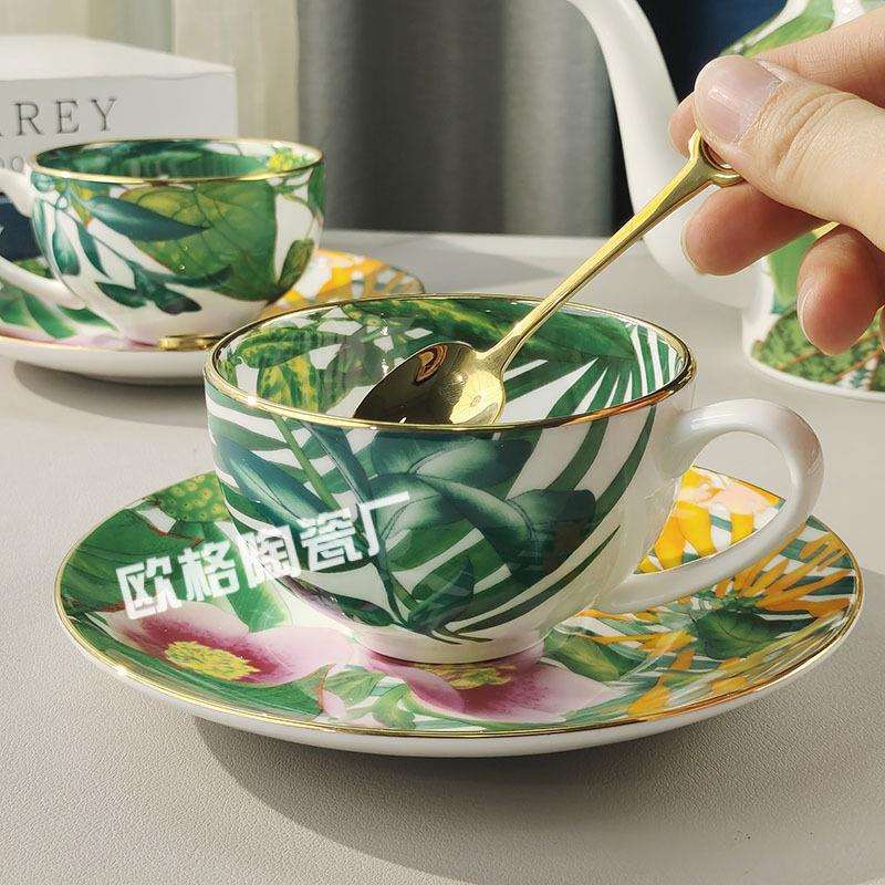 跨境欧式轻奢插画风热带雨林一壶圆口双杯碟带原标勺下午茶咖啡具