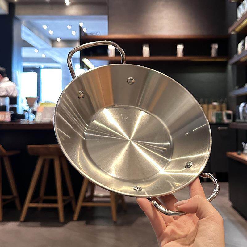 三层加厚哎~316不锈钢西班牙海鲜饭锅干锅双耳焗饭平底锅盘子