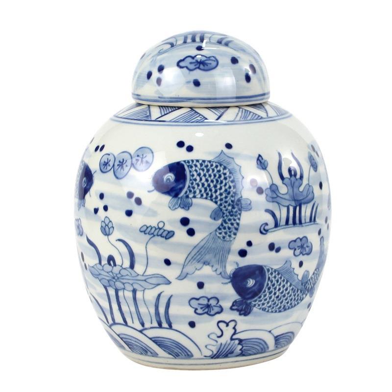 景德镇纯手绘青花宝珠坛仿古陶瓷鱼草图盖罐储物罐青花瓷居家摆件