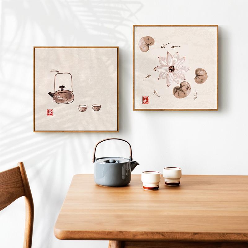 静逸新中式日式餐厅莲花静物装饰画禅意挂画茶室书房客厅清新壁画