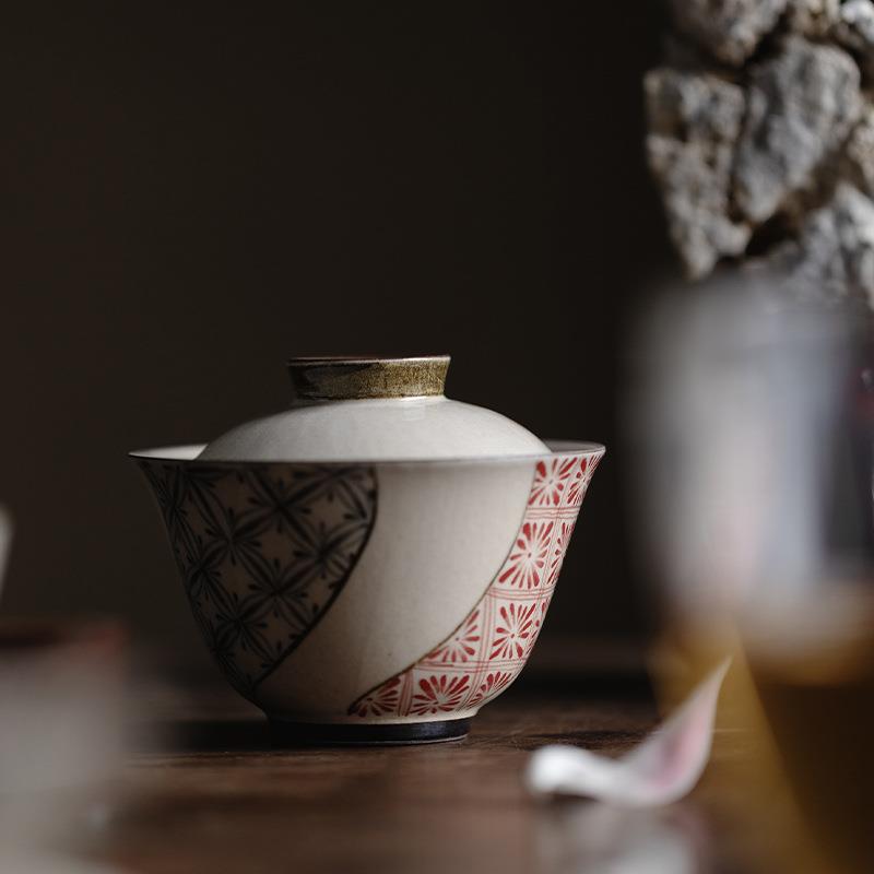 梵汝景德镇青花纯手绘两端花纹圆逸二才盖碗陶瓷茶具薄胎不烫手