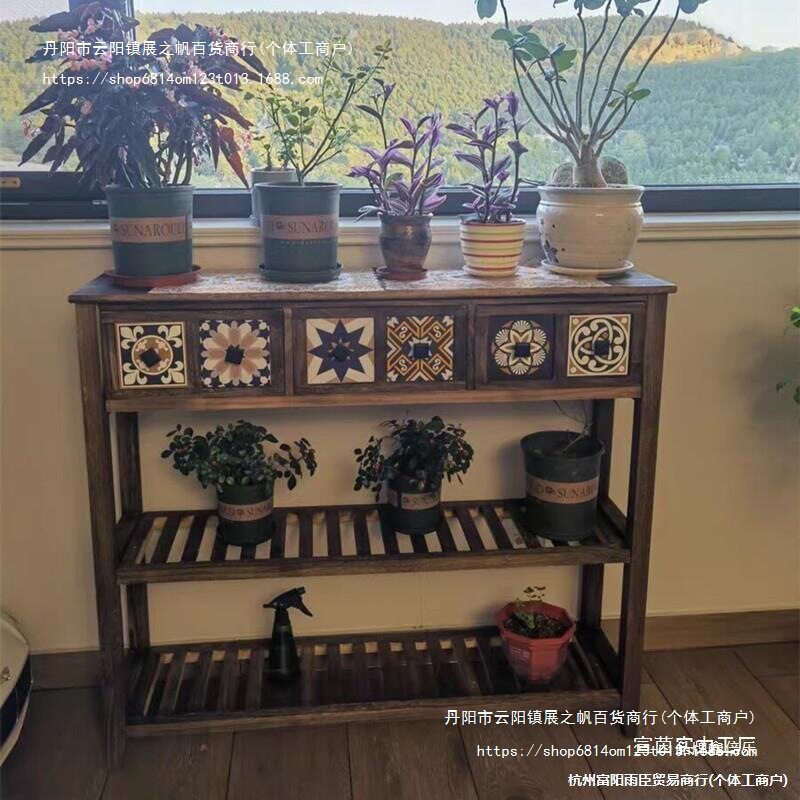 阳台花架美式入户复古做旧墙边柜实木长方形玄关桌隔断装饰置物架
