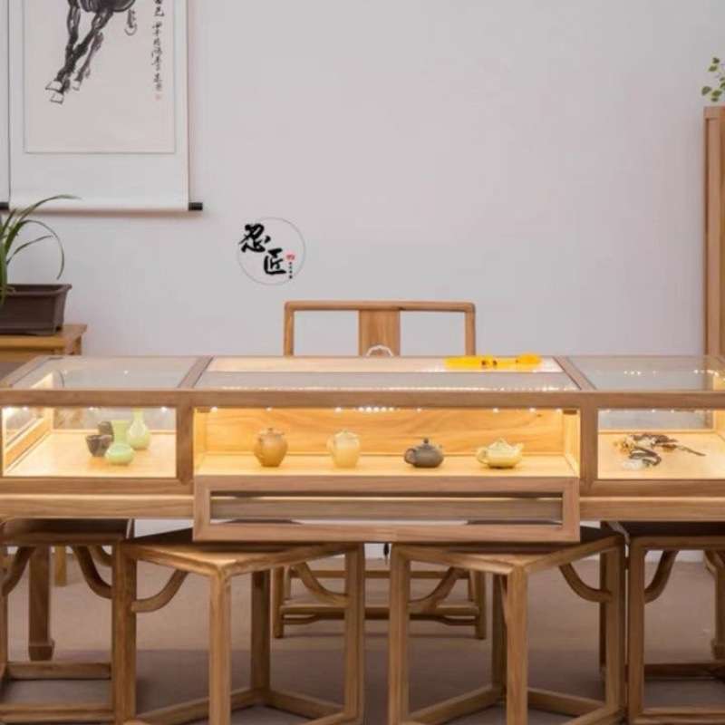 榆木展示新中式珠宝台首饰文玩玻璃展台桌玉器货柜商场中岛柜