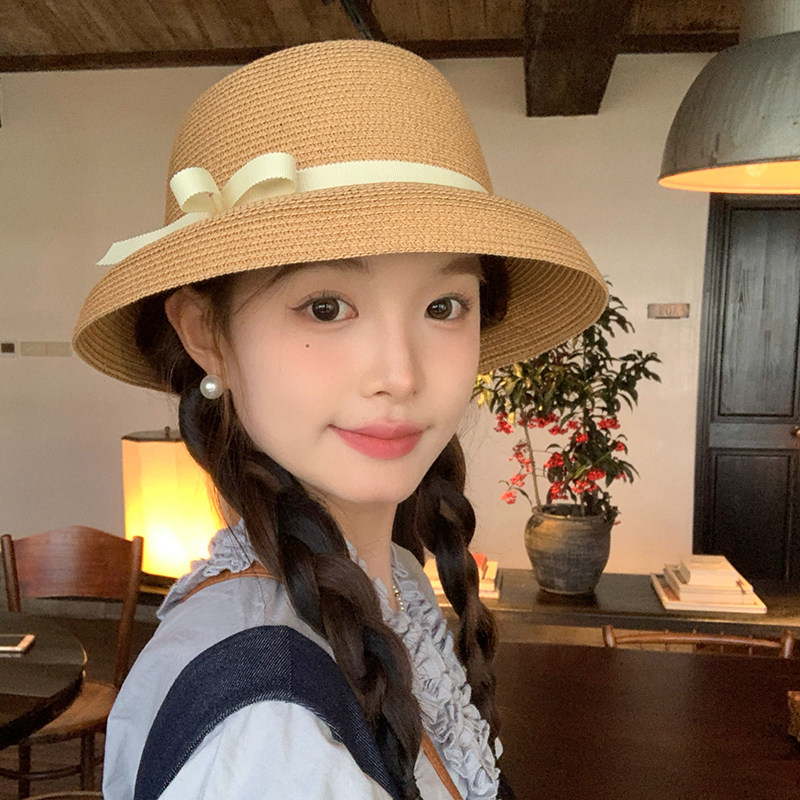 日系细拉菲草大帽檐包头空顶帽沙滩防晒防紫外线遮阳帽360度防晒