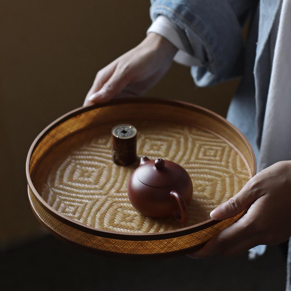 手工竹编圆簸箕 茶道器具收纳托盘 奉茶盘 茶点干果盘 竹制工艺品