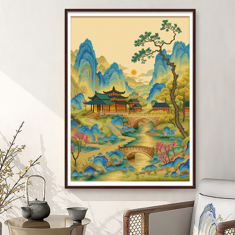 厂家直销一件代发十字绣新款线绣客厅风景青绿山河千里中国风手工