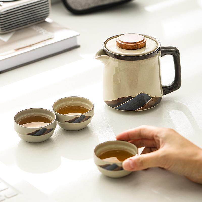 山山而川草木灰旅行茶具一壶三杯陶瓷杯便携快客杯户外旅游泡茶壶