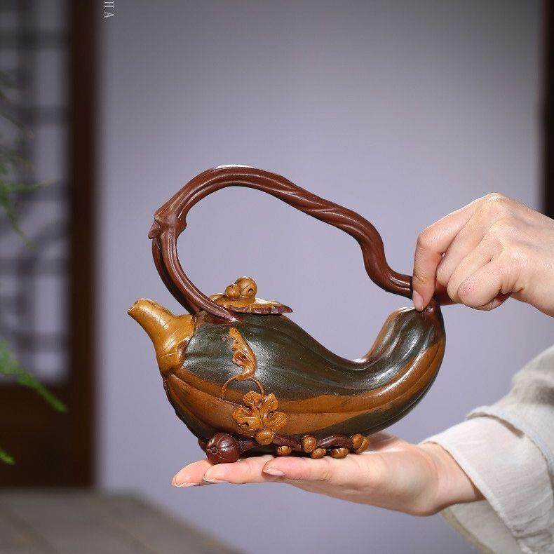 紫砂壶原矿红泥粉浆南瓜提梁壶仿生器紫砂茶壶雨中砂茶具厂