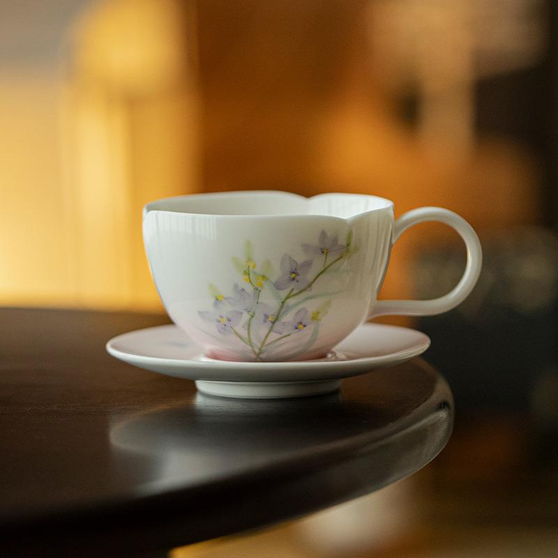 墨己陶瓷花口手绘咖啡杯两件套家用下午茶杯花茶杯办公室马克杯