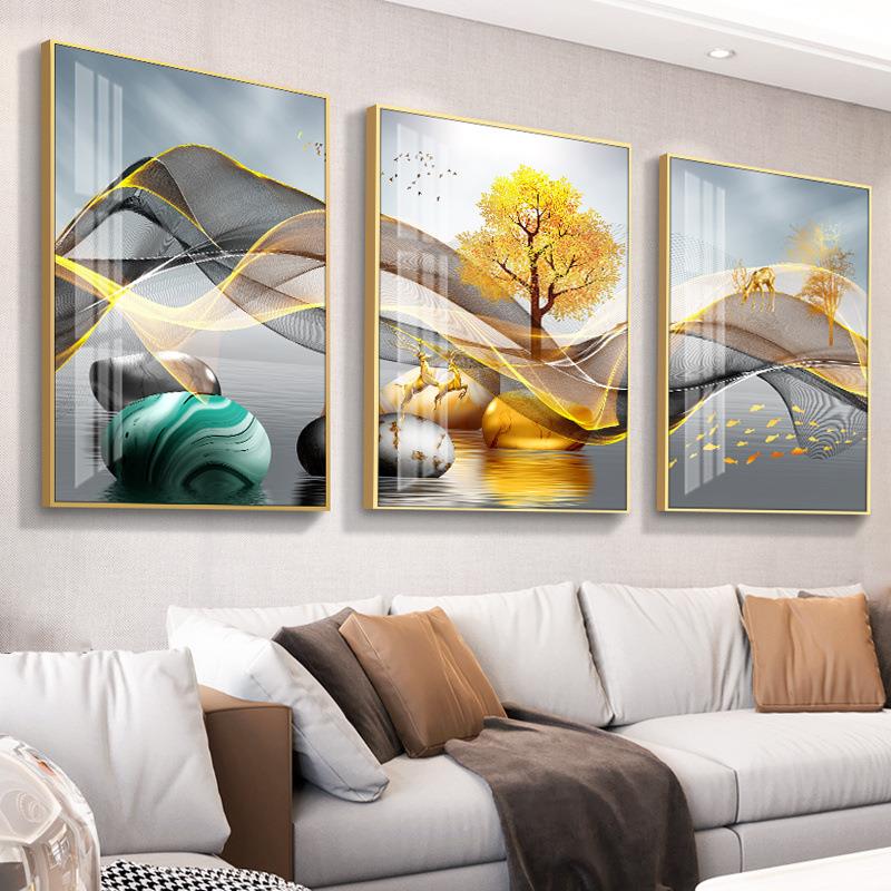 壁画带框客厅装饰画现代简约北欧沙发冰晶餐厅高档玻璃三联挂画