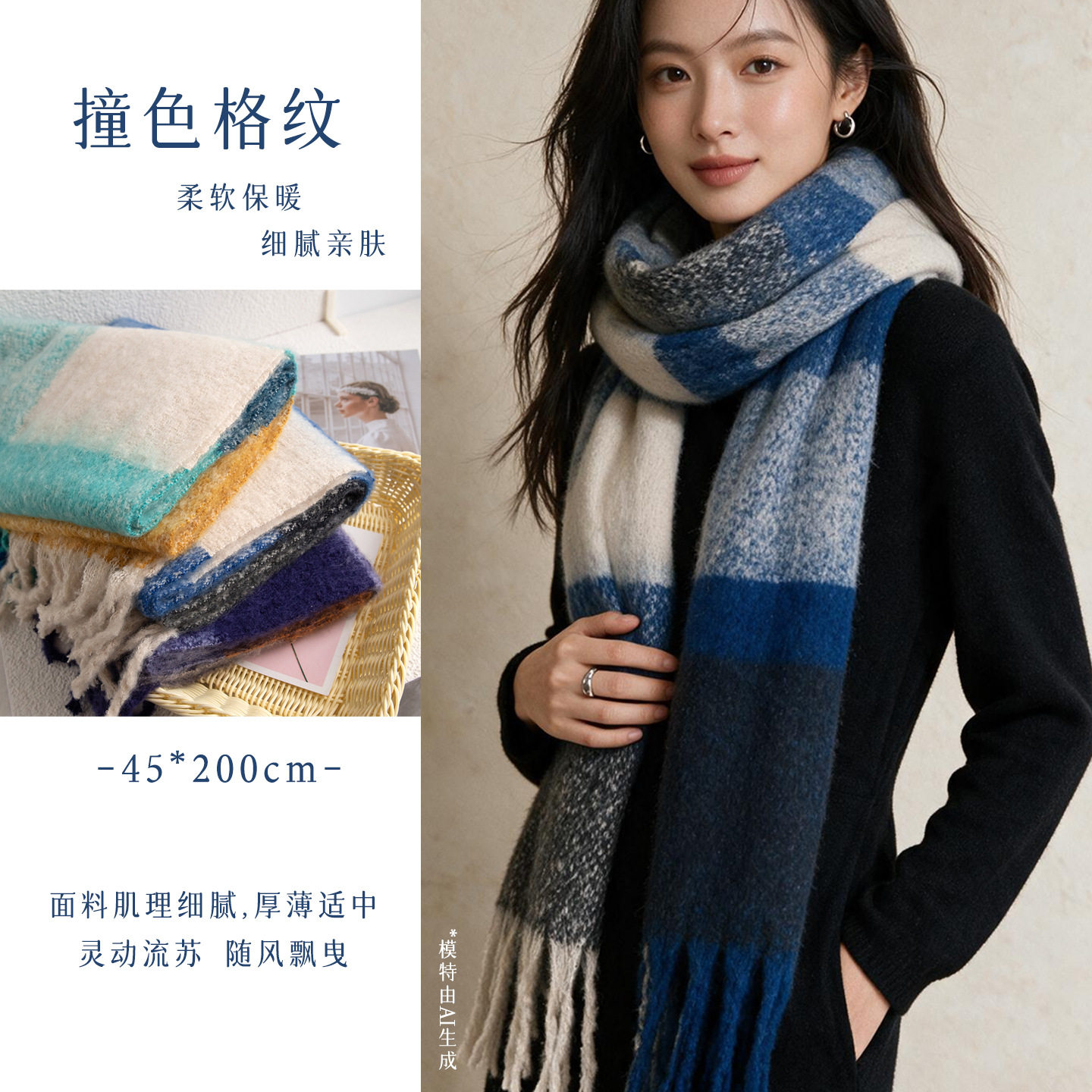 韩系格子围巾秋冬加厚保暖长款围脖仿羊绒女百搭高级感披肩批发