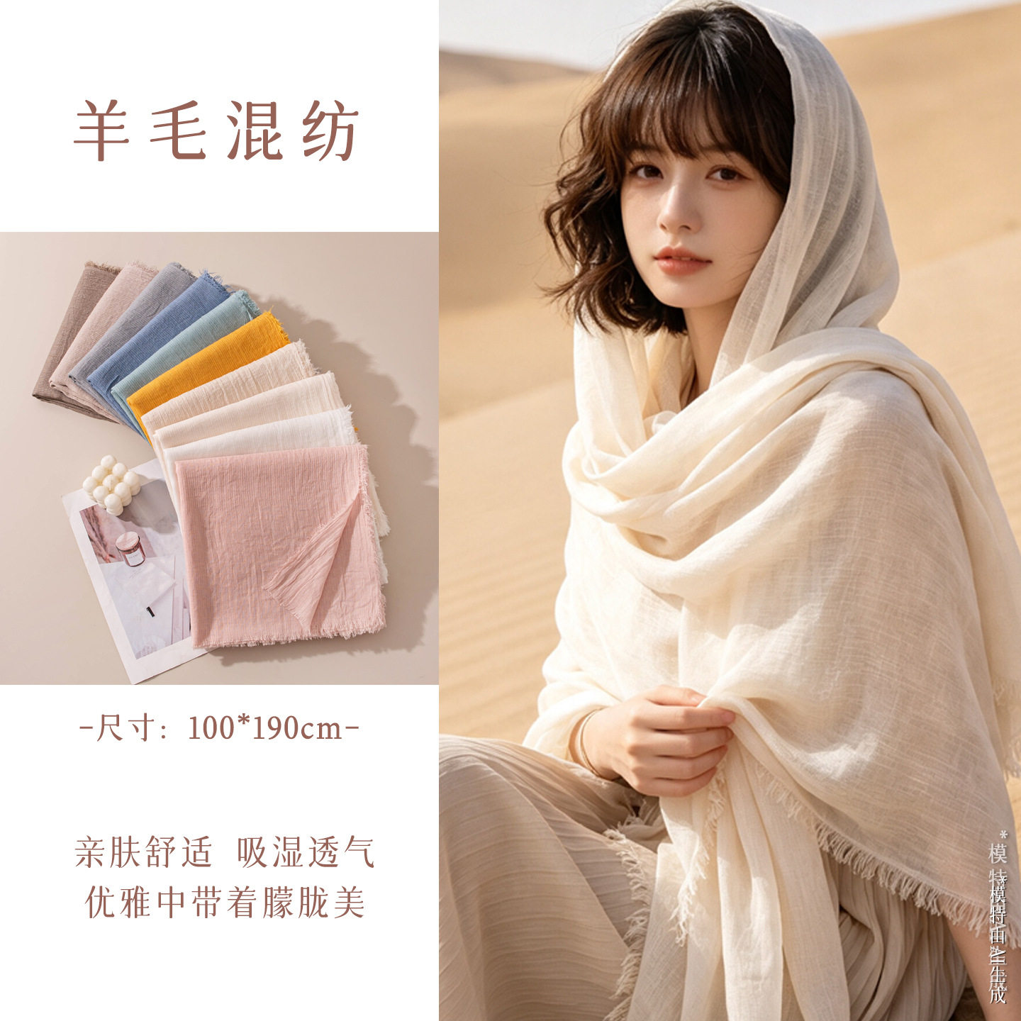 春夏薄款跨境羊毛围巾丝巾女高级感纯色纱巾防晒沙滩巾空调披肩
