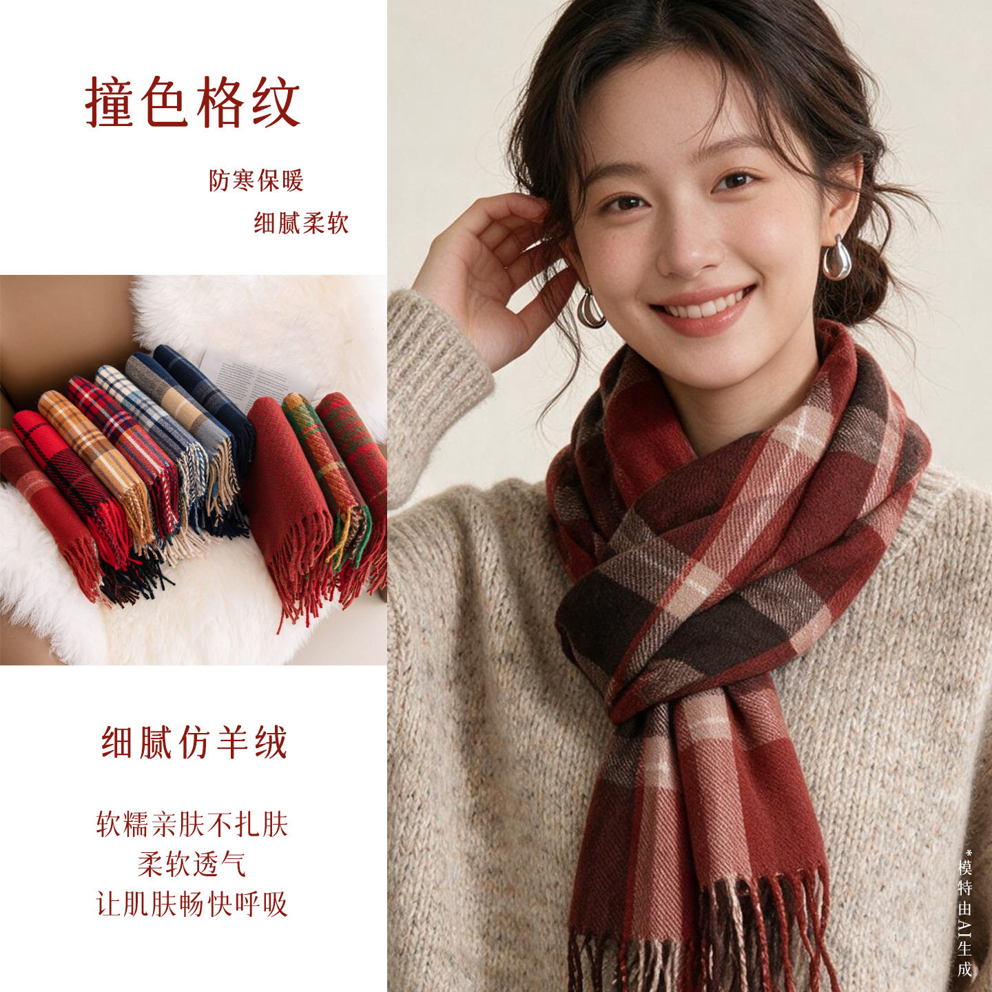 跨境红色新年格子围巾女氛围感高级感仿羊绒冬季保暖披肩围脖批发