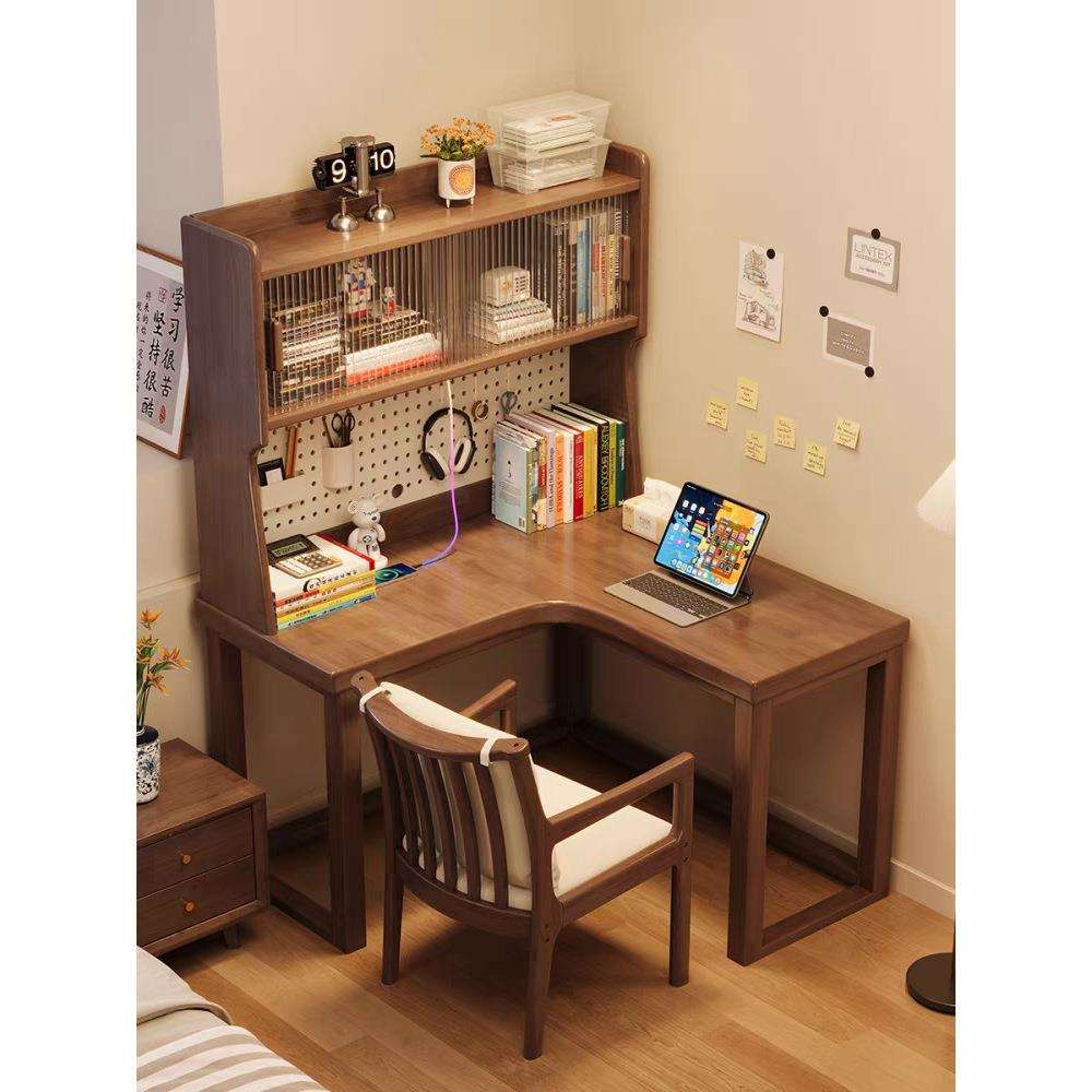 实木转角书桌书架一体卧室拐角电脑桌学生家用墙角学习桌带洞洞板