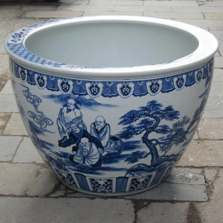 景德镇陶瓷水缸超大号 手绘鱼缸十八罗汉青花人物缸园林装饰花卉