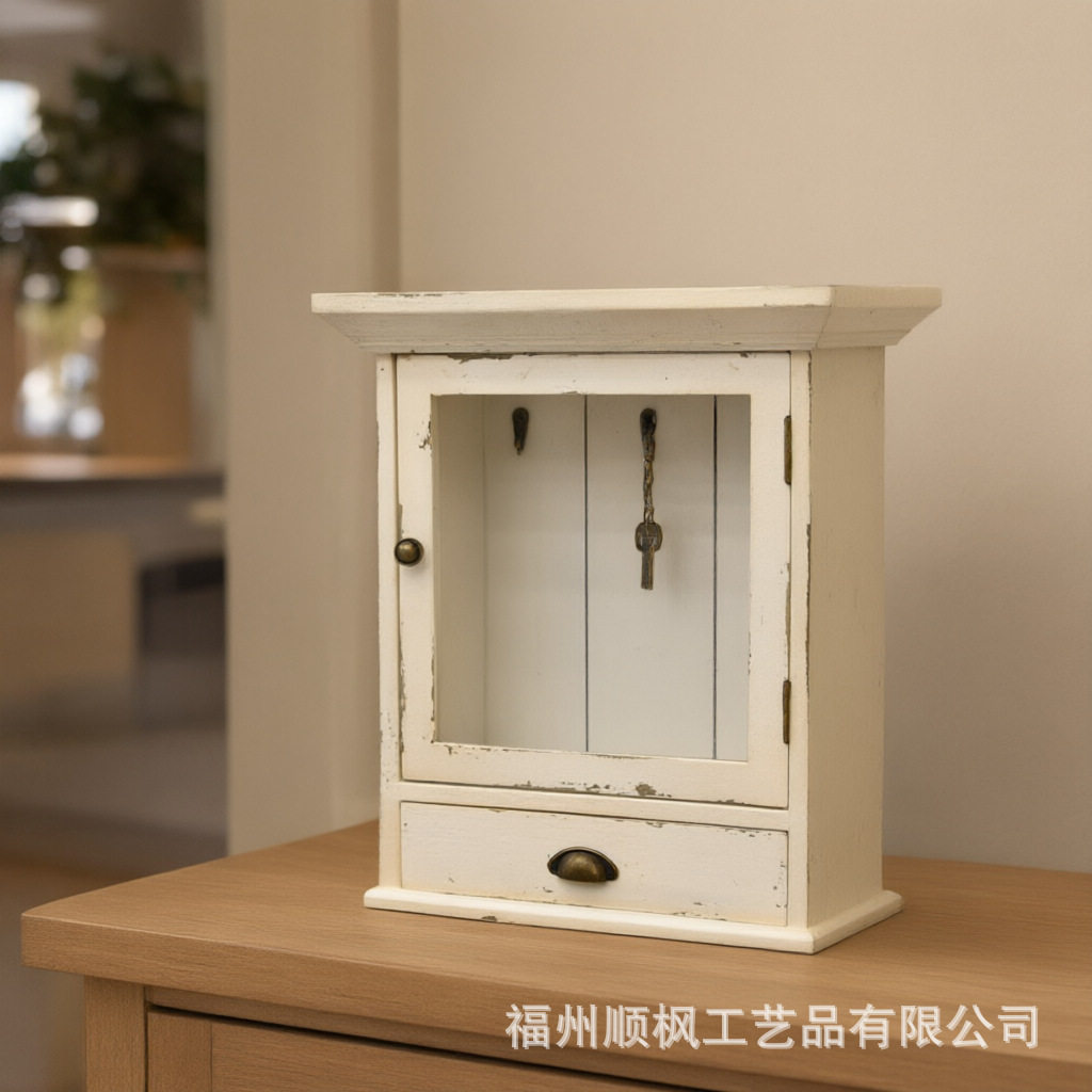 复古做旧白色木质钥匙收纳柜 壁挂式钥匙盒带抽屉 玄关墙面钥匙整图片