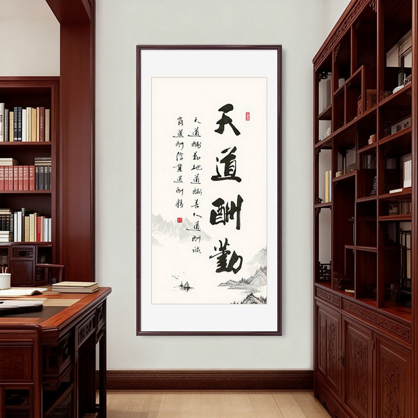 天道酬勤宁静致远书法挂画福字新中式办公室玄关竖版励志字画