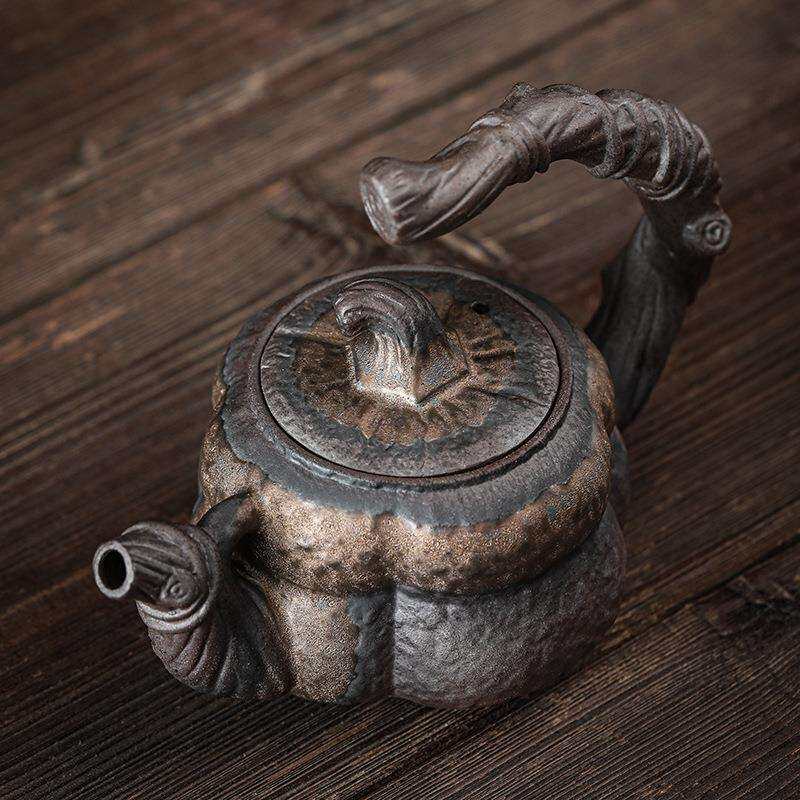 鎏金南瓜提梁壶 日式手工粗陶茶壶单壶陶瓷功夫泡茶器 蜡烛温茶壶