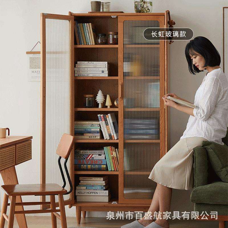 北欧实木玻璃门书柜家用物品摆件多层收纳柜客厅靠墙落地书架组合