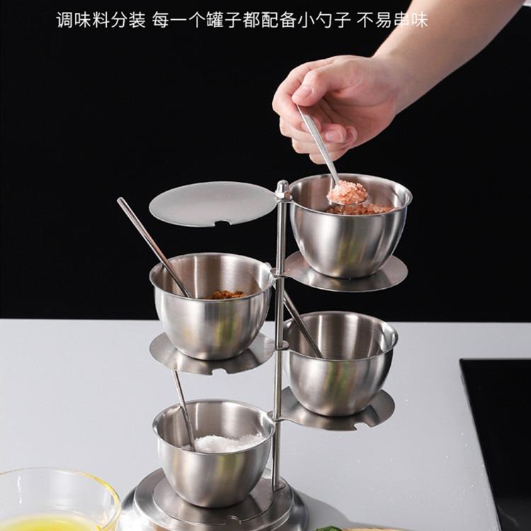 304不锈钢调味罐创意旋转式带盖调料盒厨房调料家用收纳组合套装