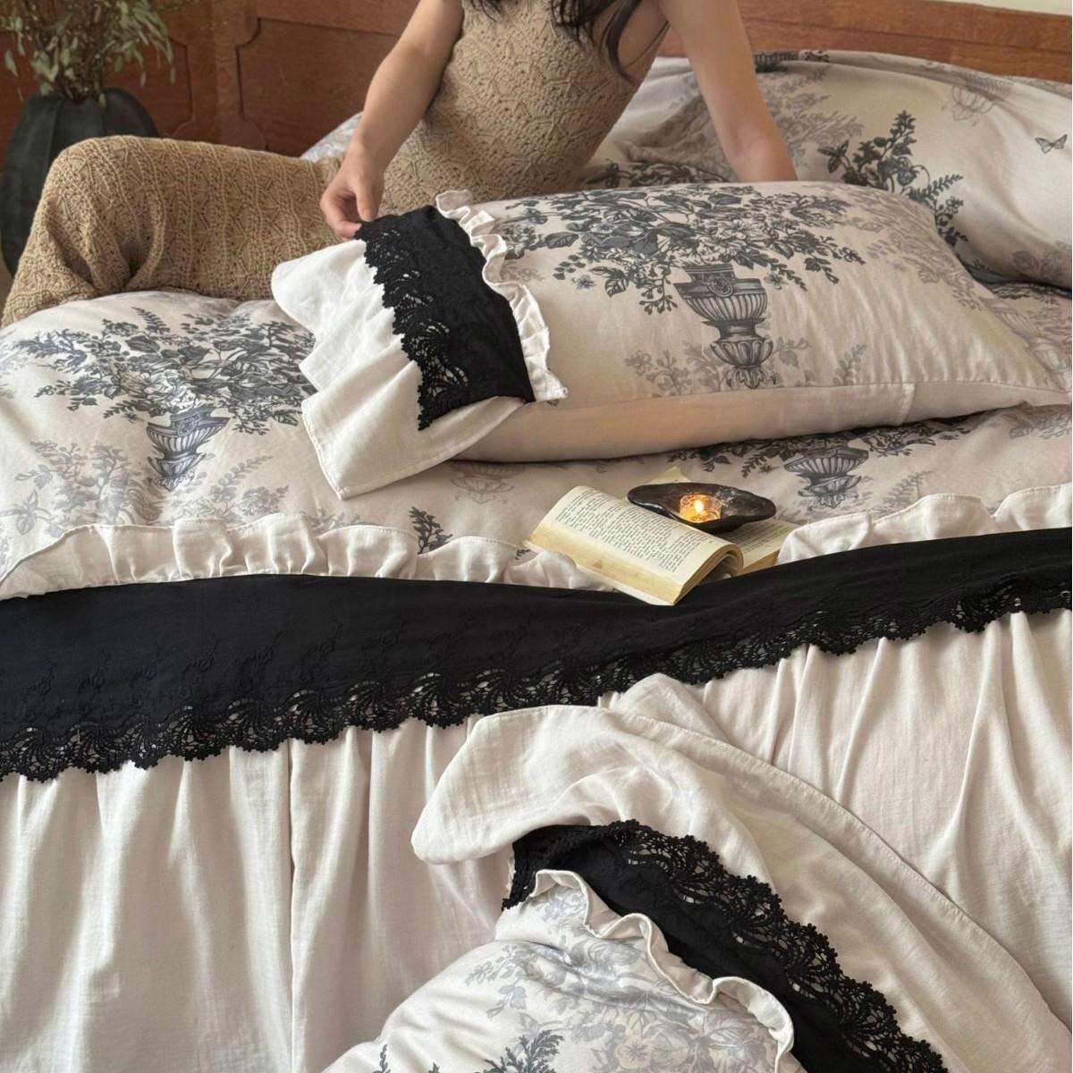 意式复古风全棉双层纱布四件套四季款法式荷叶花边花卉印花被套