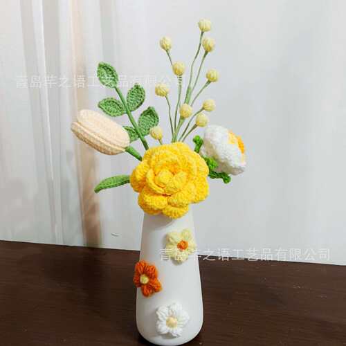 Artificial Flowers跨境母亲节玫瑰山茶手工钩织毛线花束花瓶成品