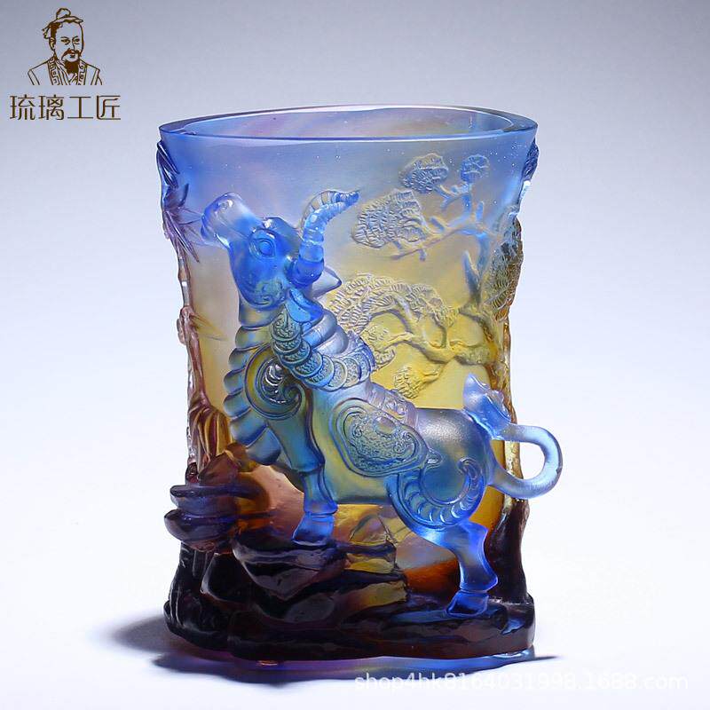 手工制作琉璃工艺品牛气冲天笔筒办公室老板桌面装饰摆件领导高档