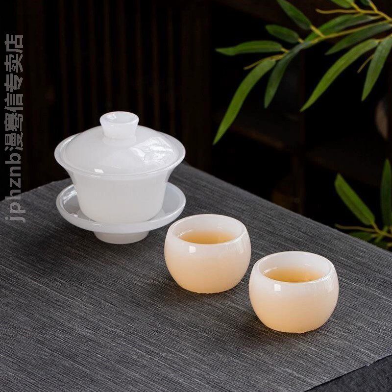 白玉琉璃茶具三才盖碗玉瓷玉石盖碗家用茶壶羊脂茶杯功夫办公室图片