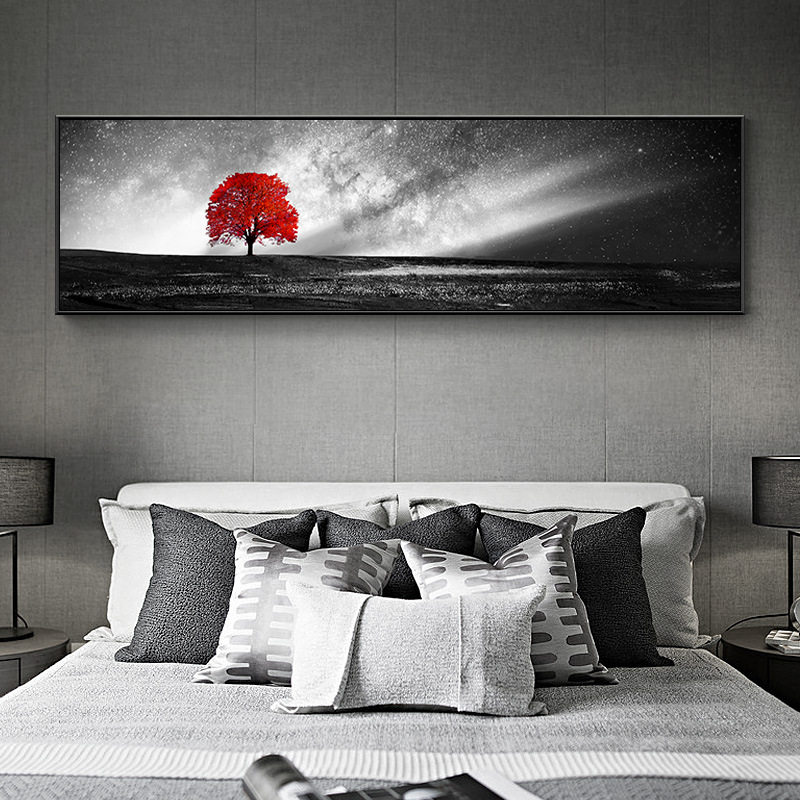 现代简约北欧风主卧床头装饰画黑白工业风挂画美式卧室横版壁画长