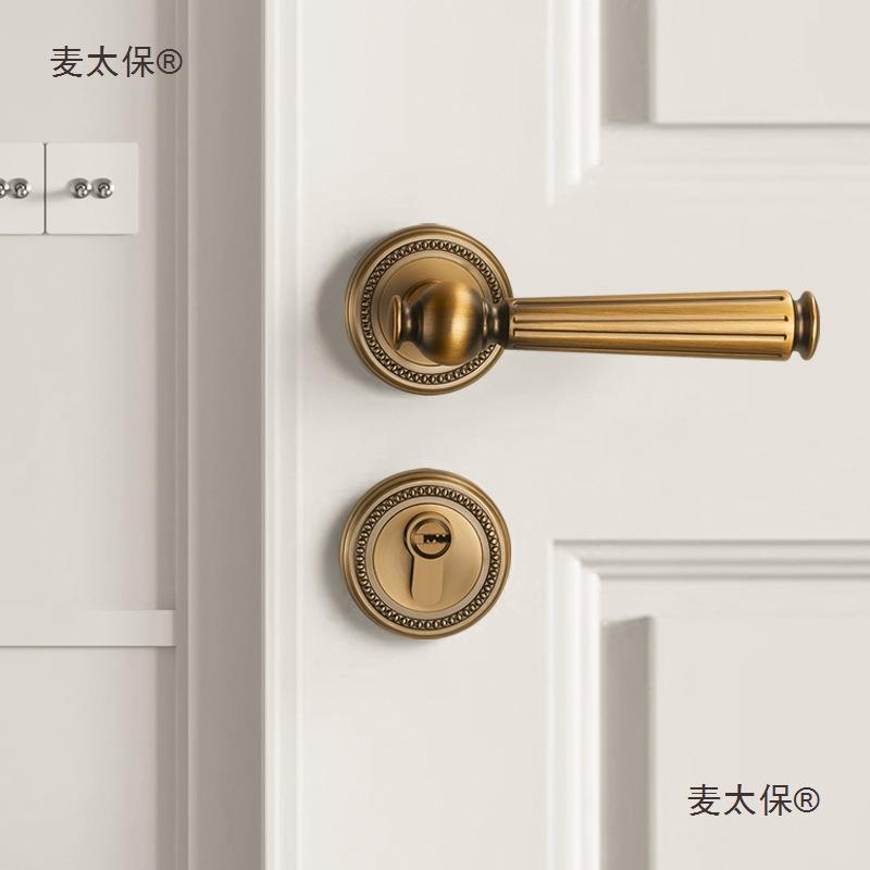 室内木门锁法式黄古铜门锁房间复古门把手美式磁吸静音分体麦太保