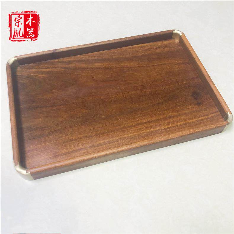 茶苑木质茶具配件紫光檀茶盘水果托盘黄金檀血檀镶铜角木艺檀香木