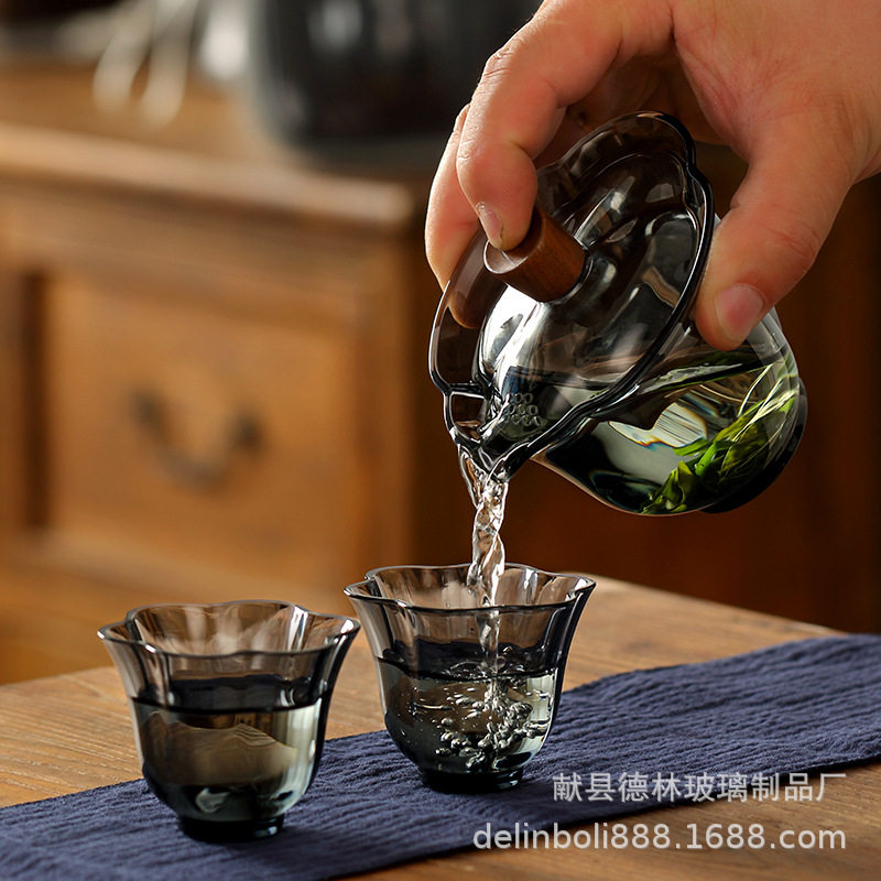 厂家直供旅行茶具套装便携耐热玻璃快客杯一壶两杯过滤茶壶盖碗